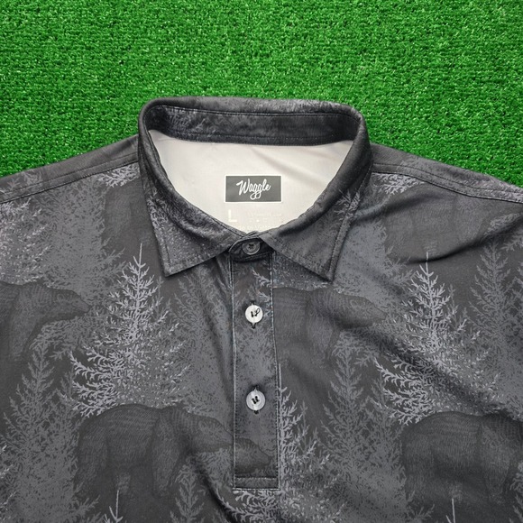 Waggle Ursa Major Polo Shirt Mens Large Black Bear Print Golf Performance AOP - Picture 2 of 7